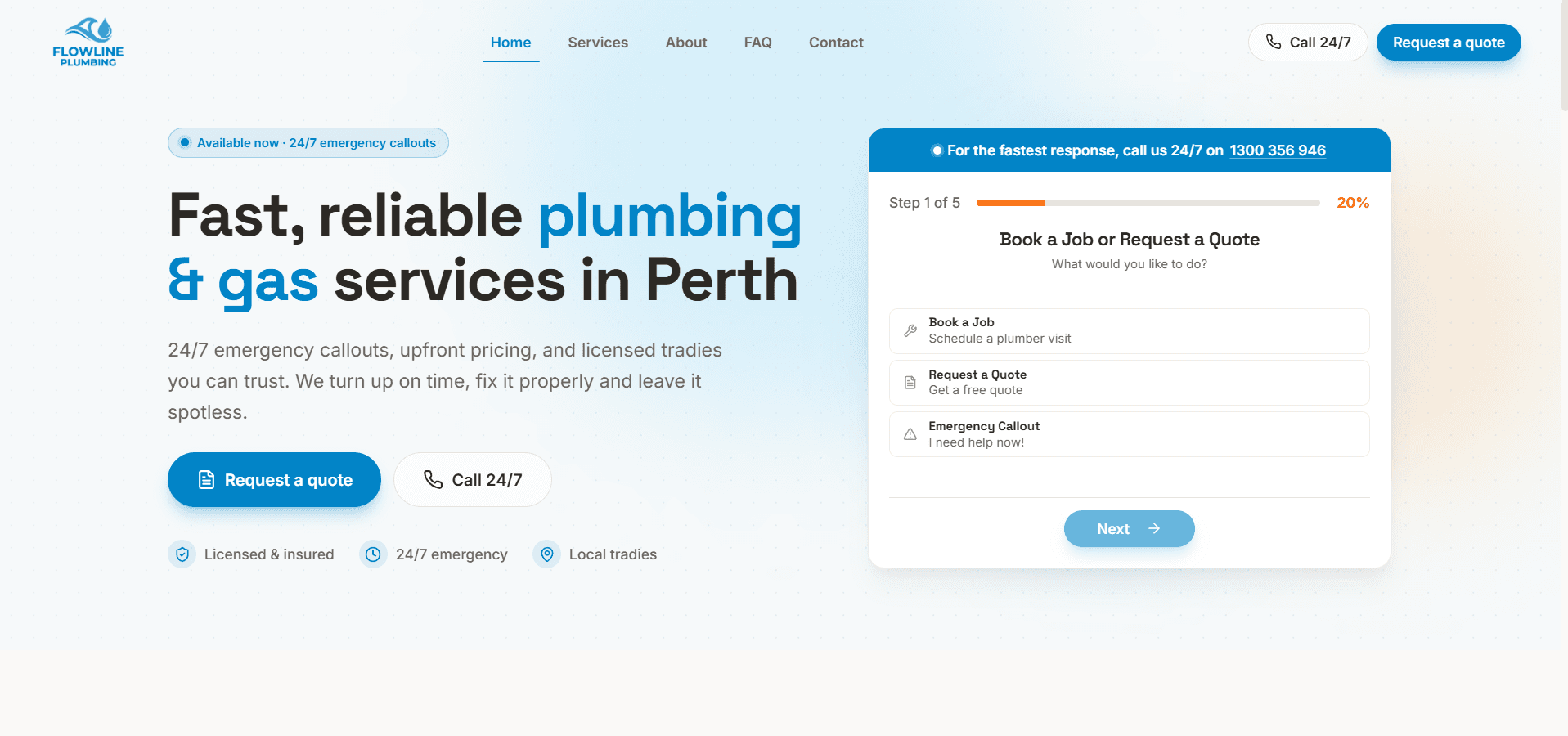 Flowline Plumbing & Gas website screenshot